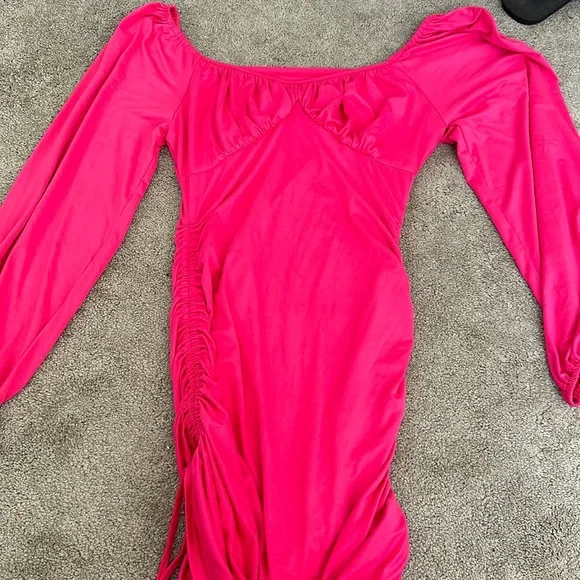 slim fit dress slacks A-Line V-Neck Long Sleeves Pink Homecoming Dress with Appliques HD0023 US10 / As Picture main image 1